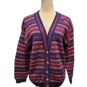 Vtg 90s Shetland Fair Aisle Wool Knit Cardigan Sweater Womens Purple Pink Medium